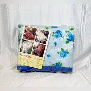 Vintage Imperial Blue Floral Polyester Satin Trim 72x90 Twin/Full Fancy Blanket